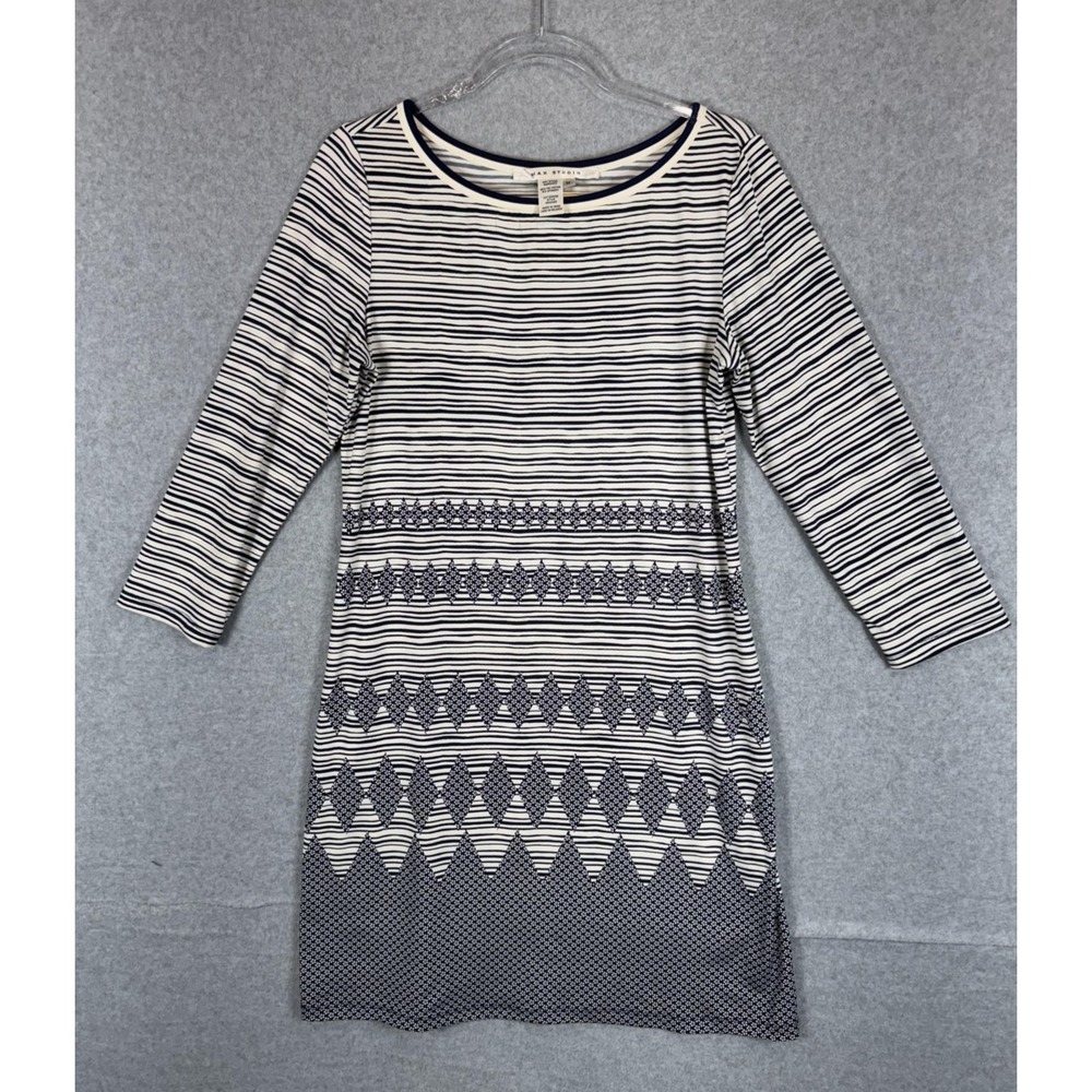 Max Studio Dress Womens Medium Navy White Striped Geometric Pattern 3/4 Sleeve